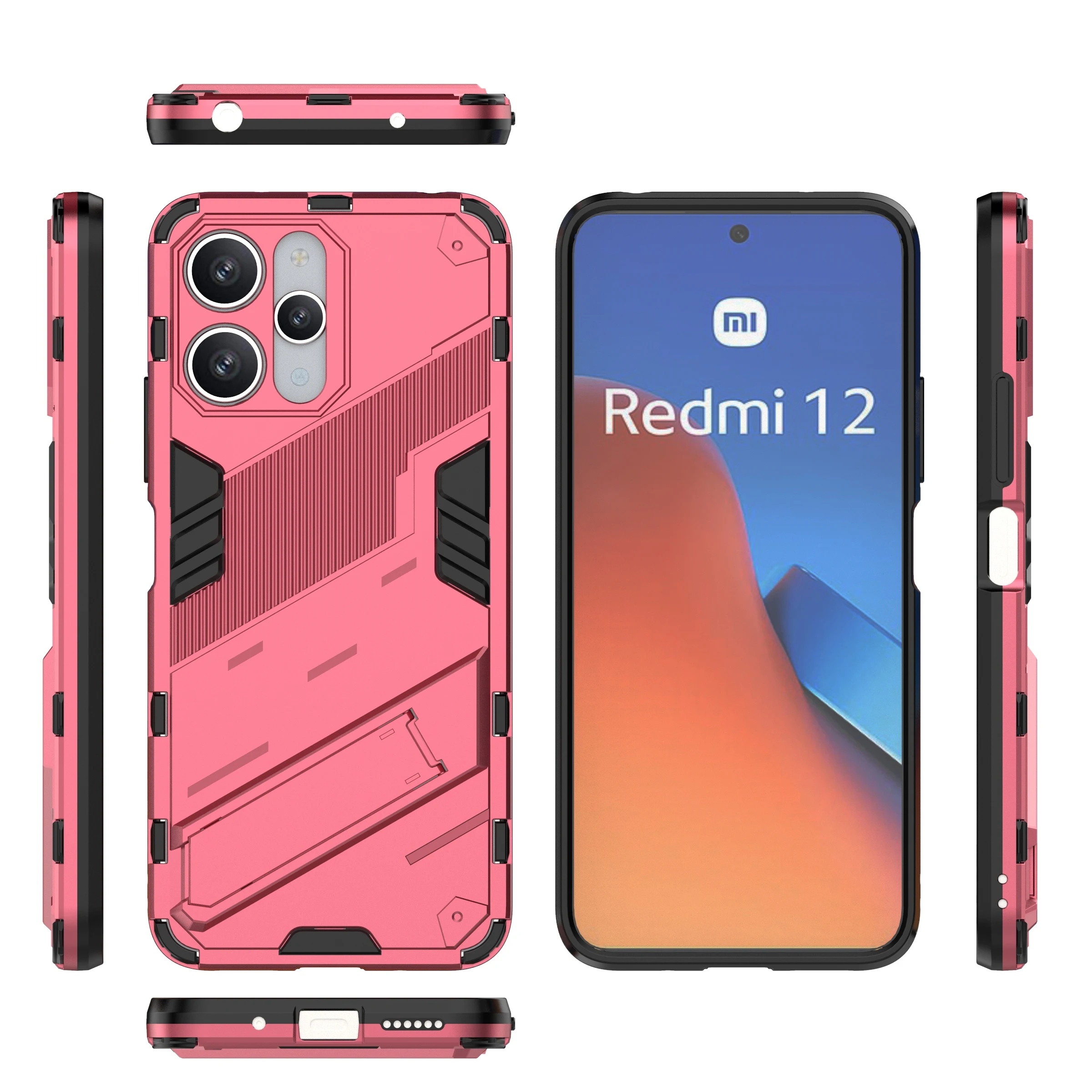 Per Xiaomi Redmi 12 4G / 12 5G (Global) / Poco M6 Pro 5G Custodia protettiva antigoccia per telefono Cavalletto PC + Cover per telefono in TPU - Rosa