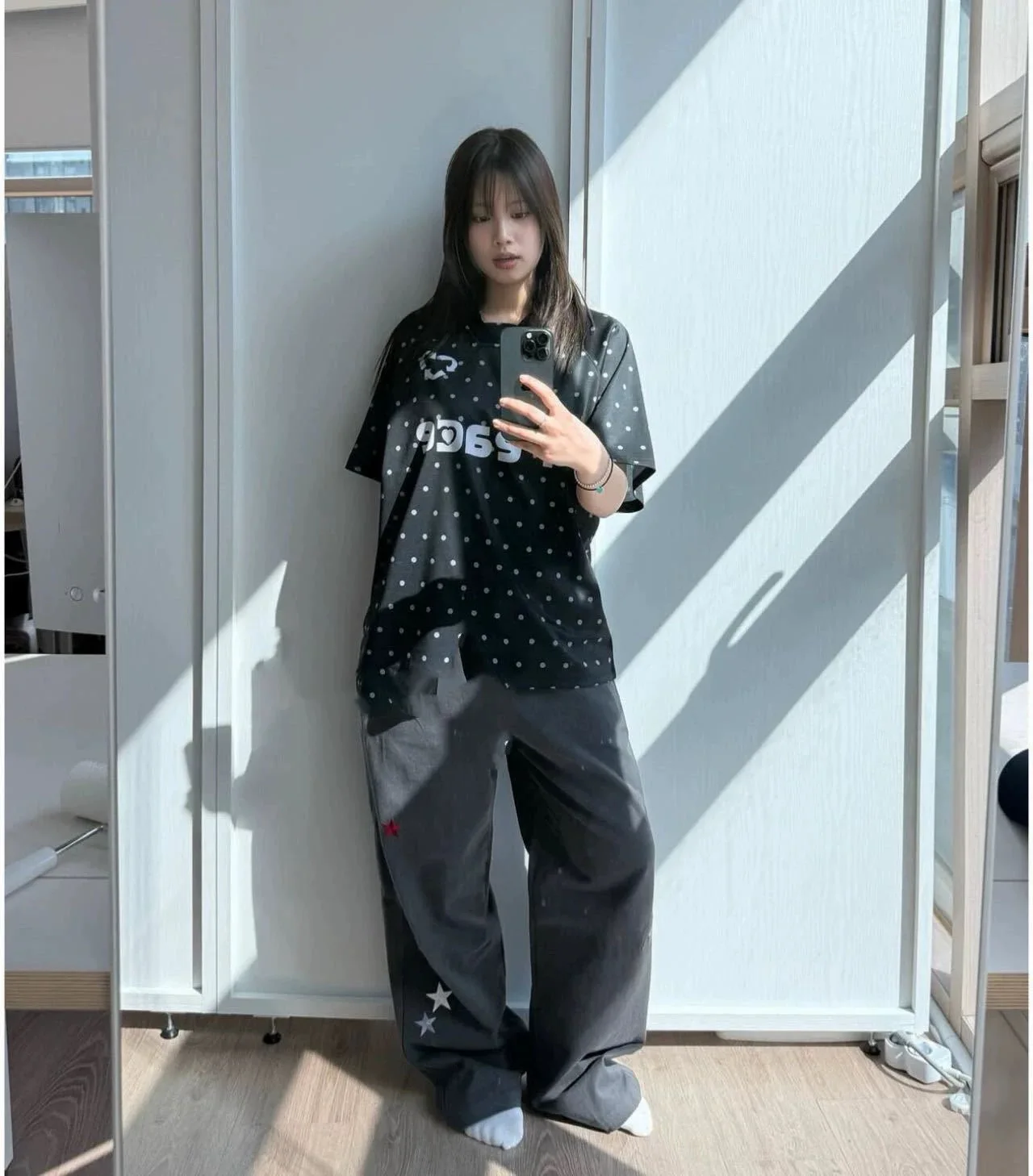 

Love Letter Polka Dot Loose Fit Ne ort Sve T irt ex Summer Korean Sle Creative Print Top for Couples
