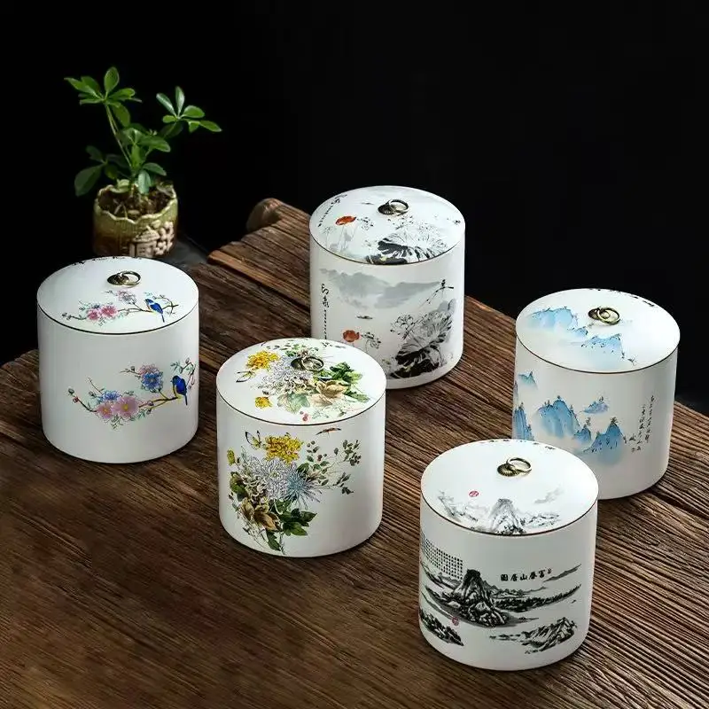 New Chinese style landscape ceramic tea jar, large capacity sealed tea storage jar, Pu erh loose tea storage jar