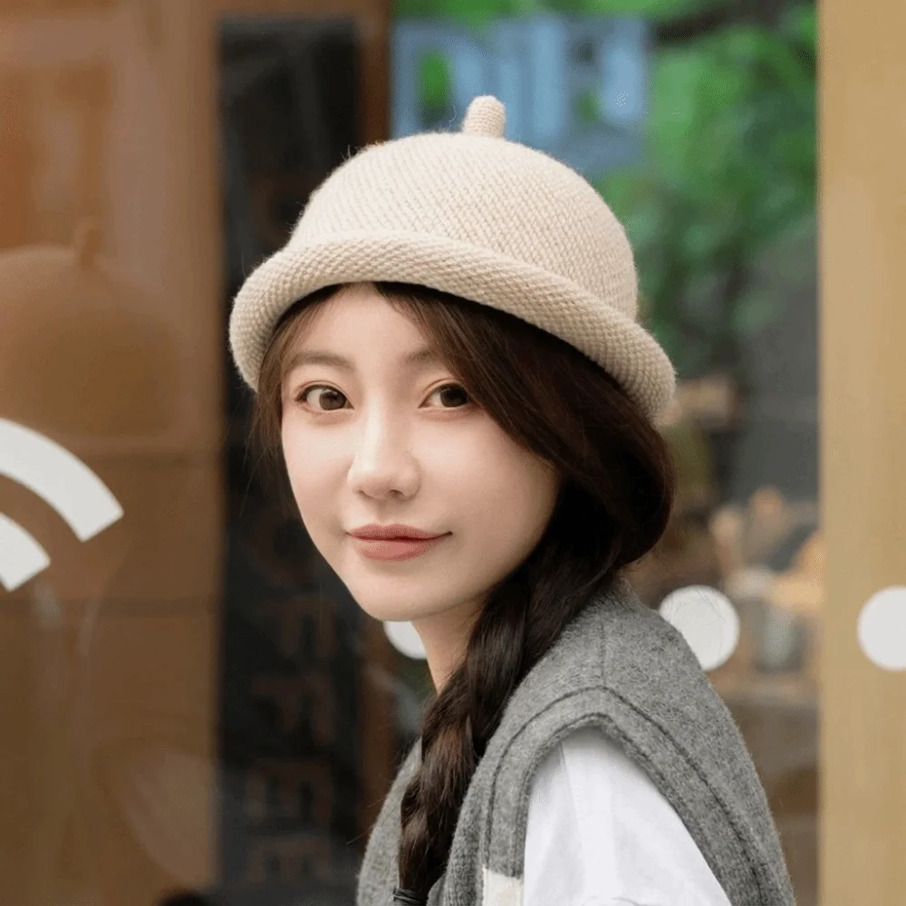 Casual Solid Color Melon Skin Hat Rolled Edge Knitted Beret Cap Keep Warm Hip Hop Painter Hat Women