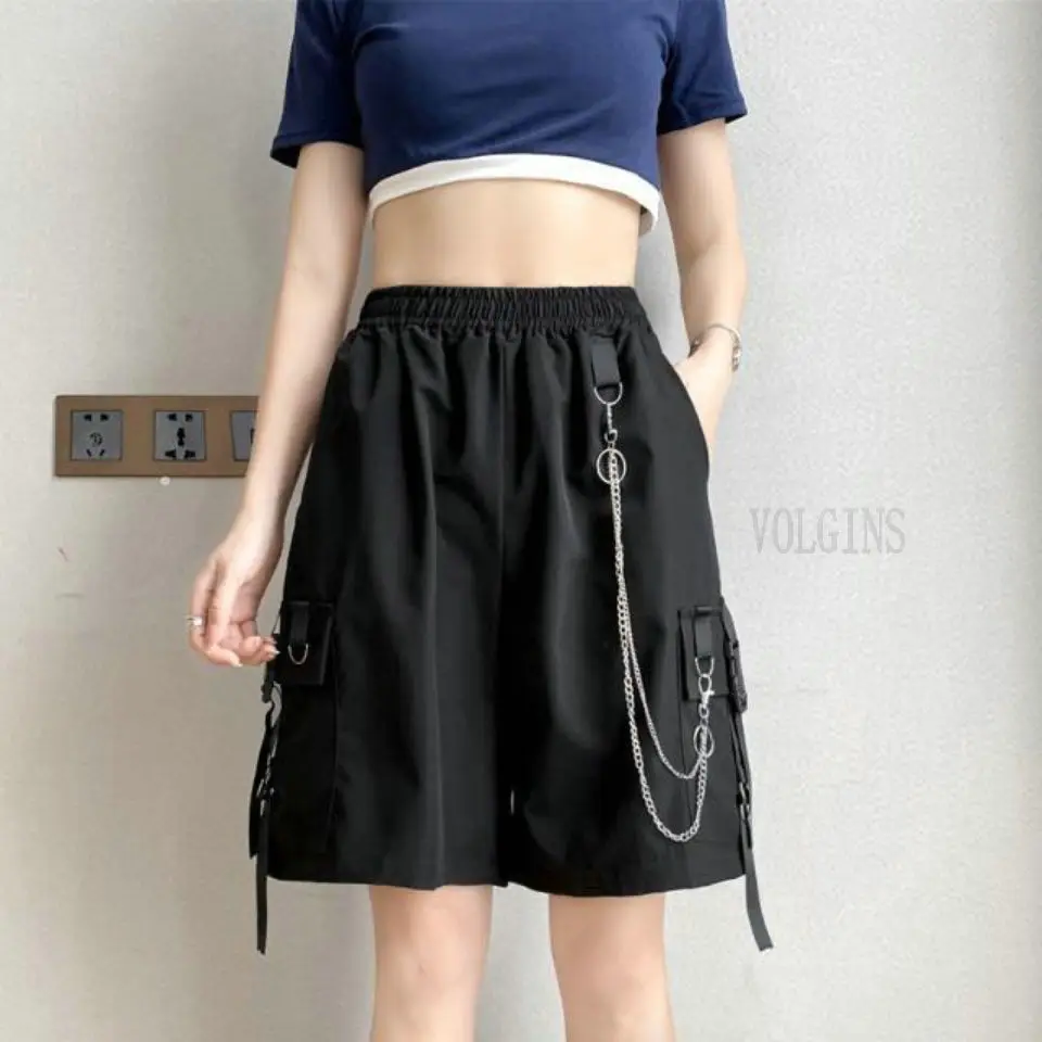 2023 New Women\'s Summer Shorts Casual Ribbons Black Bermuda Shorts For Girls Knee Length Pants with chain