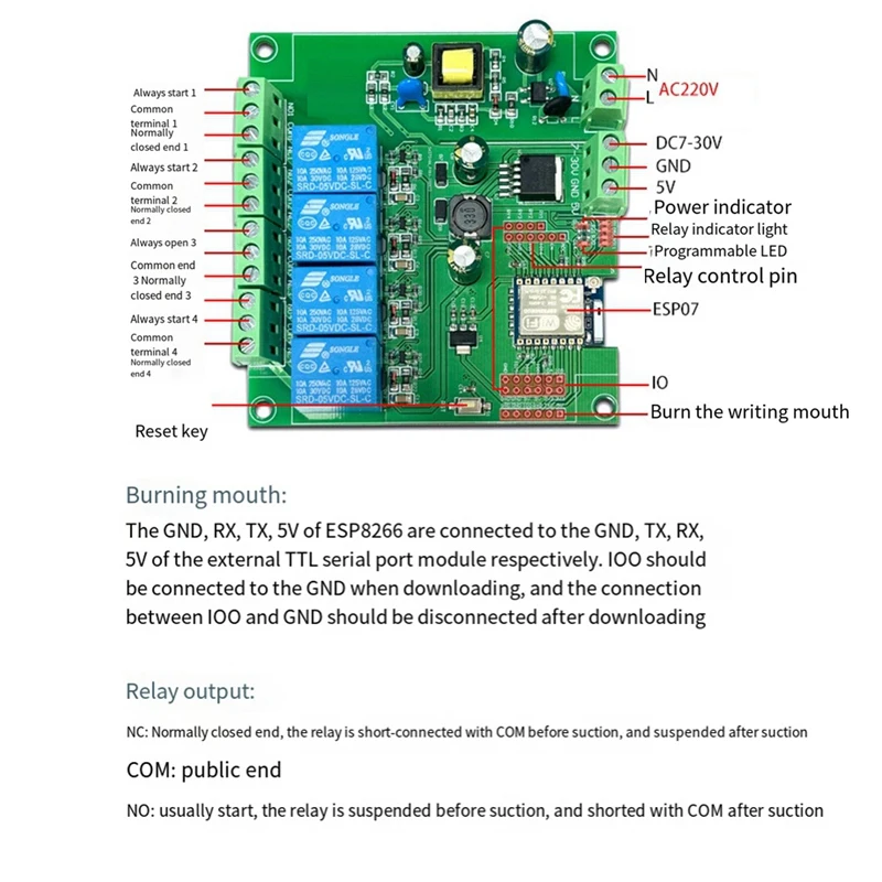 Módulo de relé ESP-07 Módulo WIFI de 4 vías Fuente de alimentación AC/DC Placa de desarrollo ESP8266 Módulo de desarrollo secundario