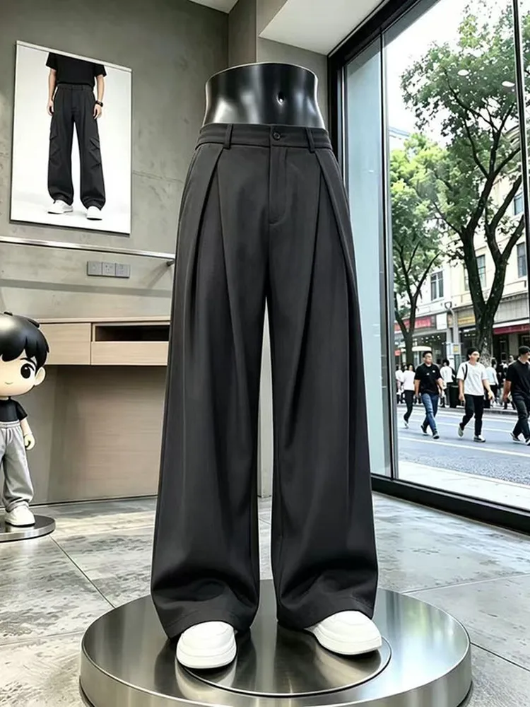 Pure Color Men's Wide Leg West Pants Autumn High-End Folded Casual Long Trousers CleanFit Style Teenager Business Casual