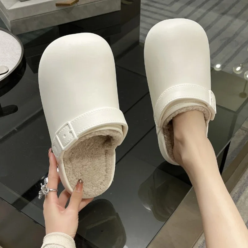 Women's Slippers Winter New Flat Round Head Short Plush Bun Head Half Drag Casual Comfort Increase Warm Non-slip Sandals