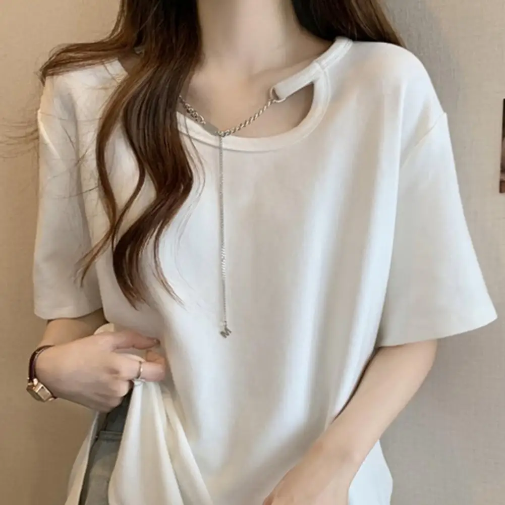 Women T-shirt Halter Neck Chain Short Sleeve Tee Shirt Solid Color Women Top Loose Fit Side Slit Pullover Tops 티셔츠 camisetas