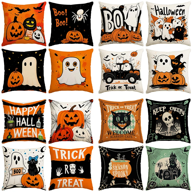 4pcs Halloween Black Cat, Witch, Ghost Pattern Pillow Cover, 18x18inch Single sided Printed Cushion Cover (without Pillow Core)