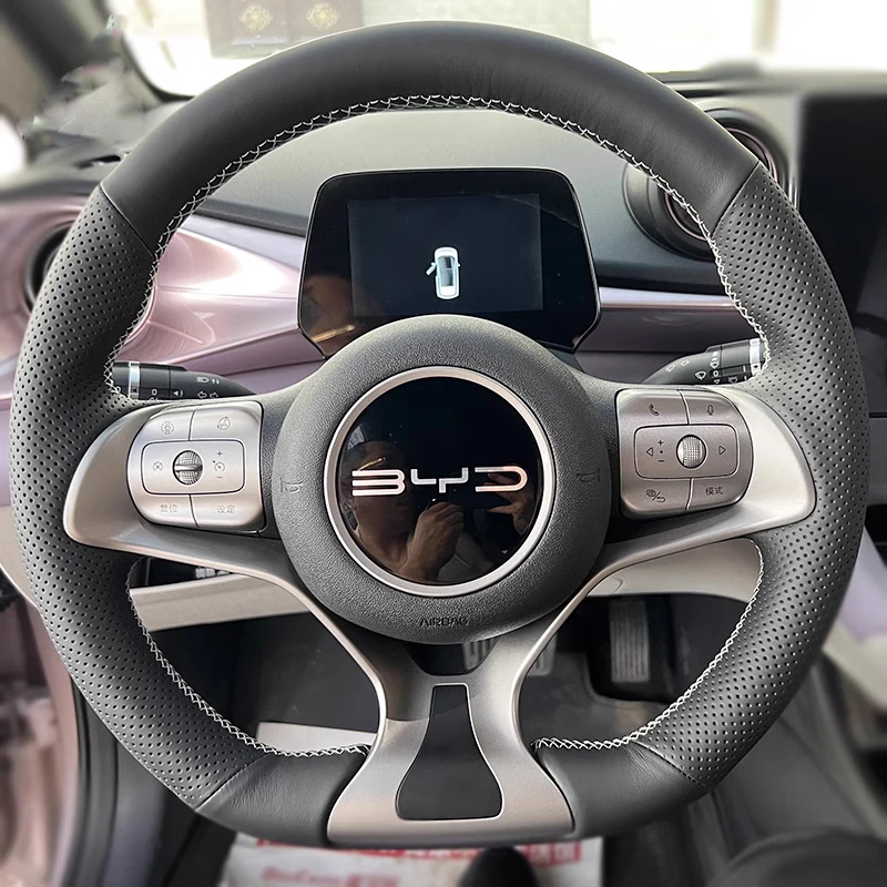 For BYD Dolphin Surf 23-25 Endeavor 23-24 Hand Sewn Needle Thread Car Steering Wheel Cover Car Accessories Genuine Leather Black