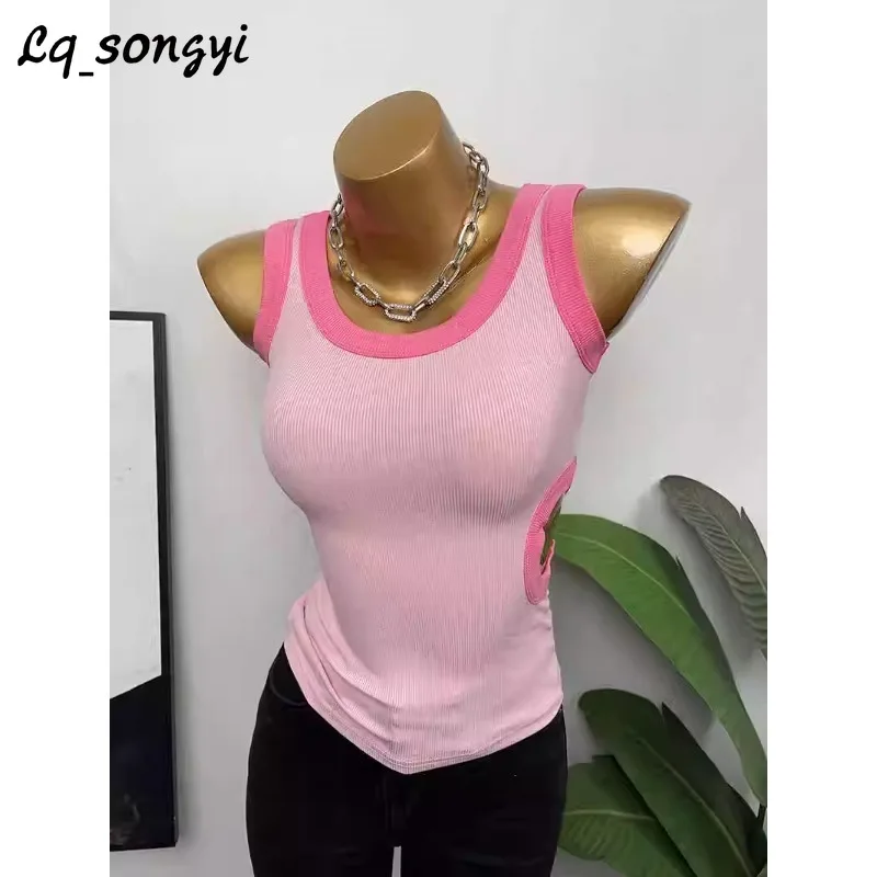 

Lq_songyi Sexy Tank Top for Women U Neck Slim Sleeveless Top High Strecth Wide Strap Tanks Side Hollow Out Summer Solid Camisole