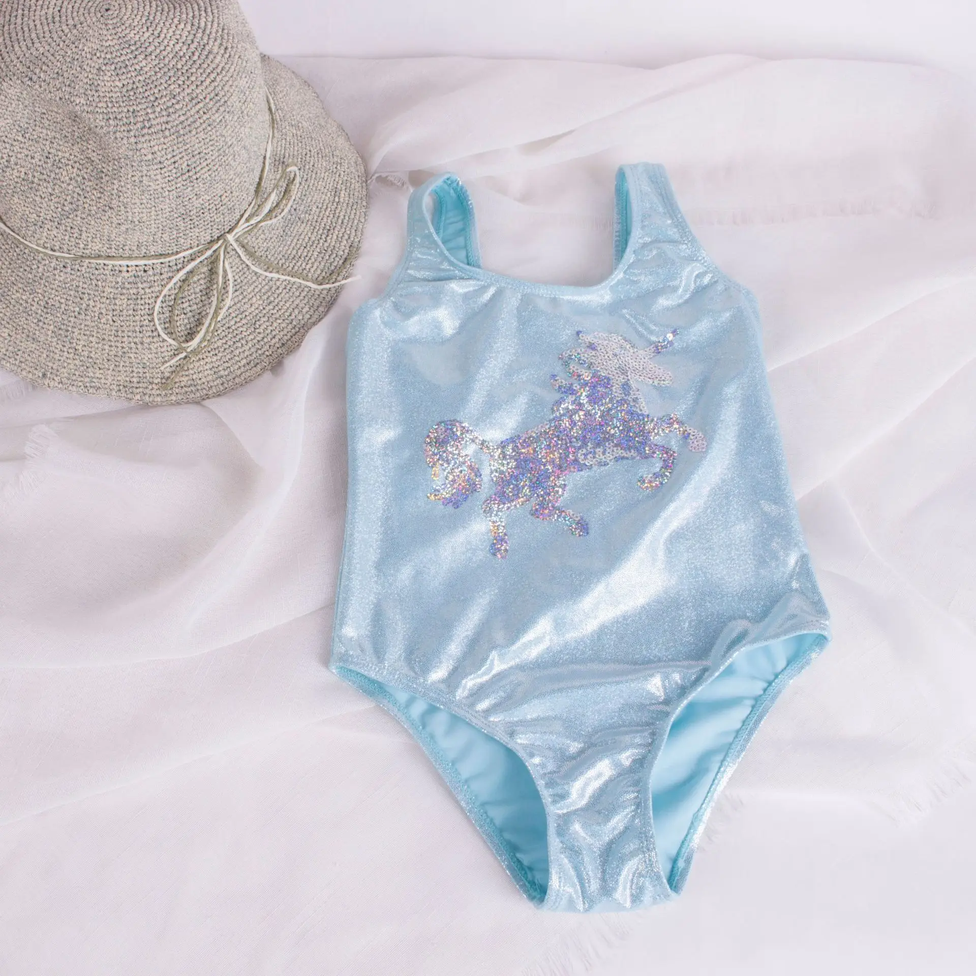 Children Swimwear Sequin Embroidery Cartoon Unicorn Girls One Piece Swimsuit Kids 3-8 Years Swimming Bathing Suits Baby