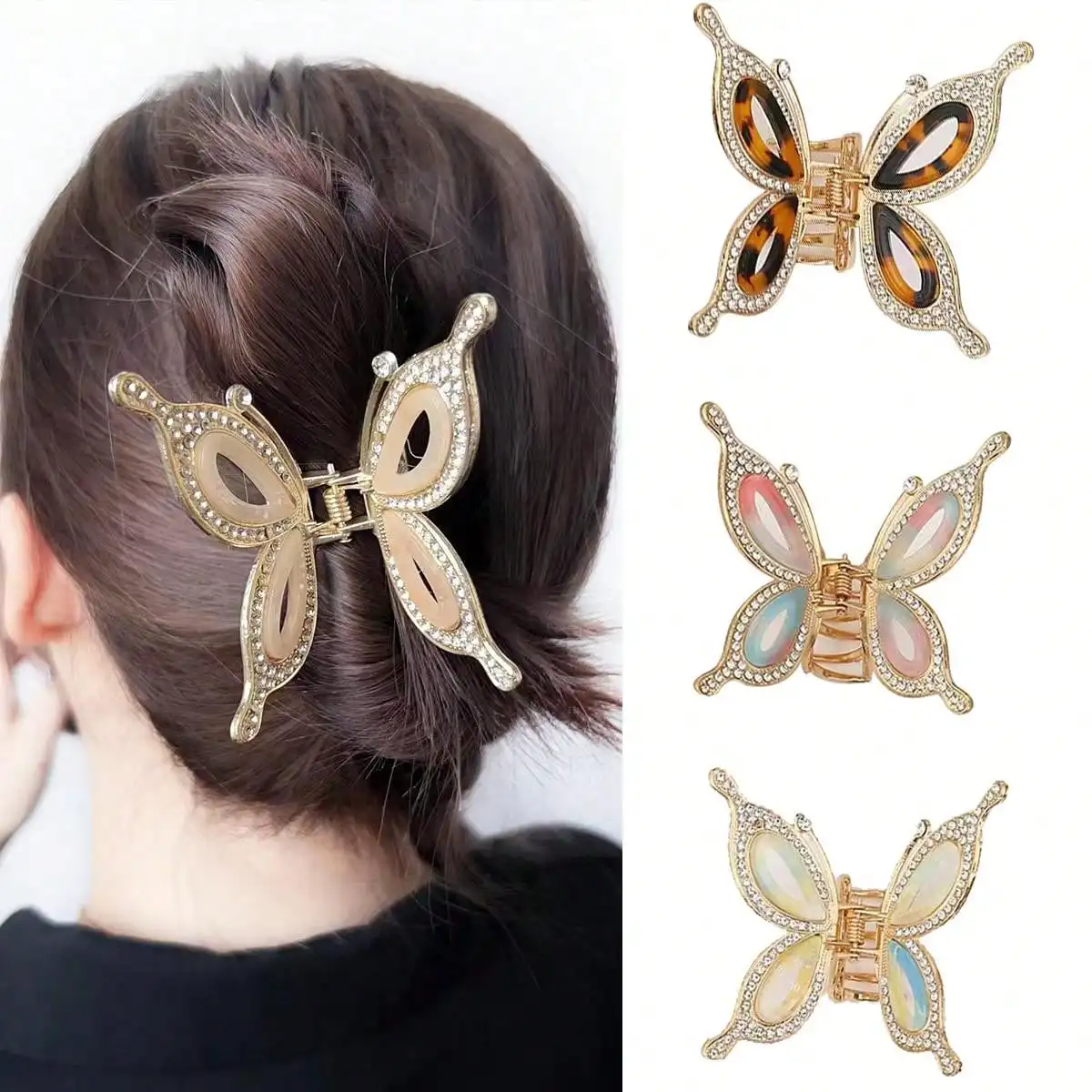 

1pc Women's Elegant Water Diamond Butterfly Grip Clip Women's Premium Alloy Hair Clip Shark Clip Headpiece