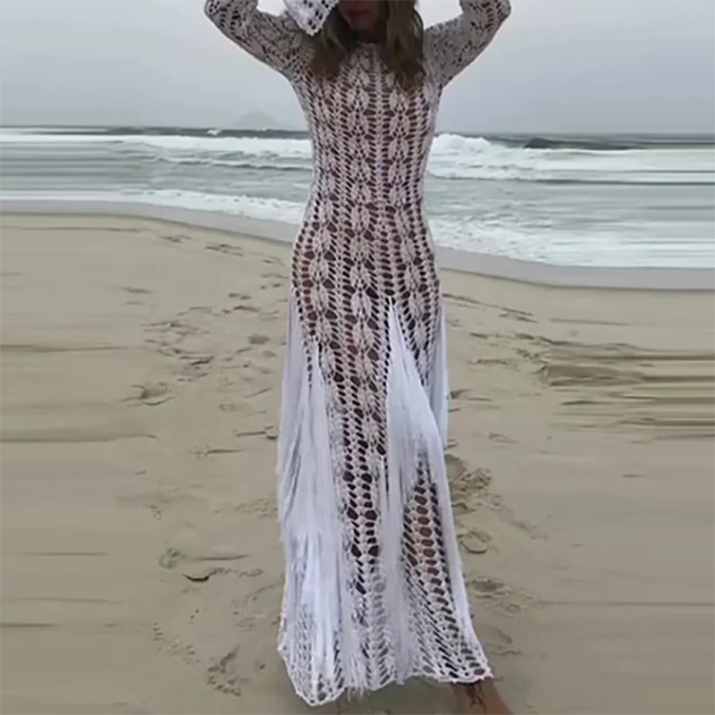 ファッションフリンジパッチワークスリムロングローブドレスビーチホリデー中空ニット女性のドレス 2025 カジュアル夏長袖ドレス
