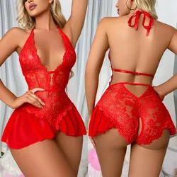 Sexy Lingerie Women Crotchless Sleepwear Pajamas Lace Dress Sleepwear Deep V Open Bra Crotchless Pajama Set Erotic Nightdress