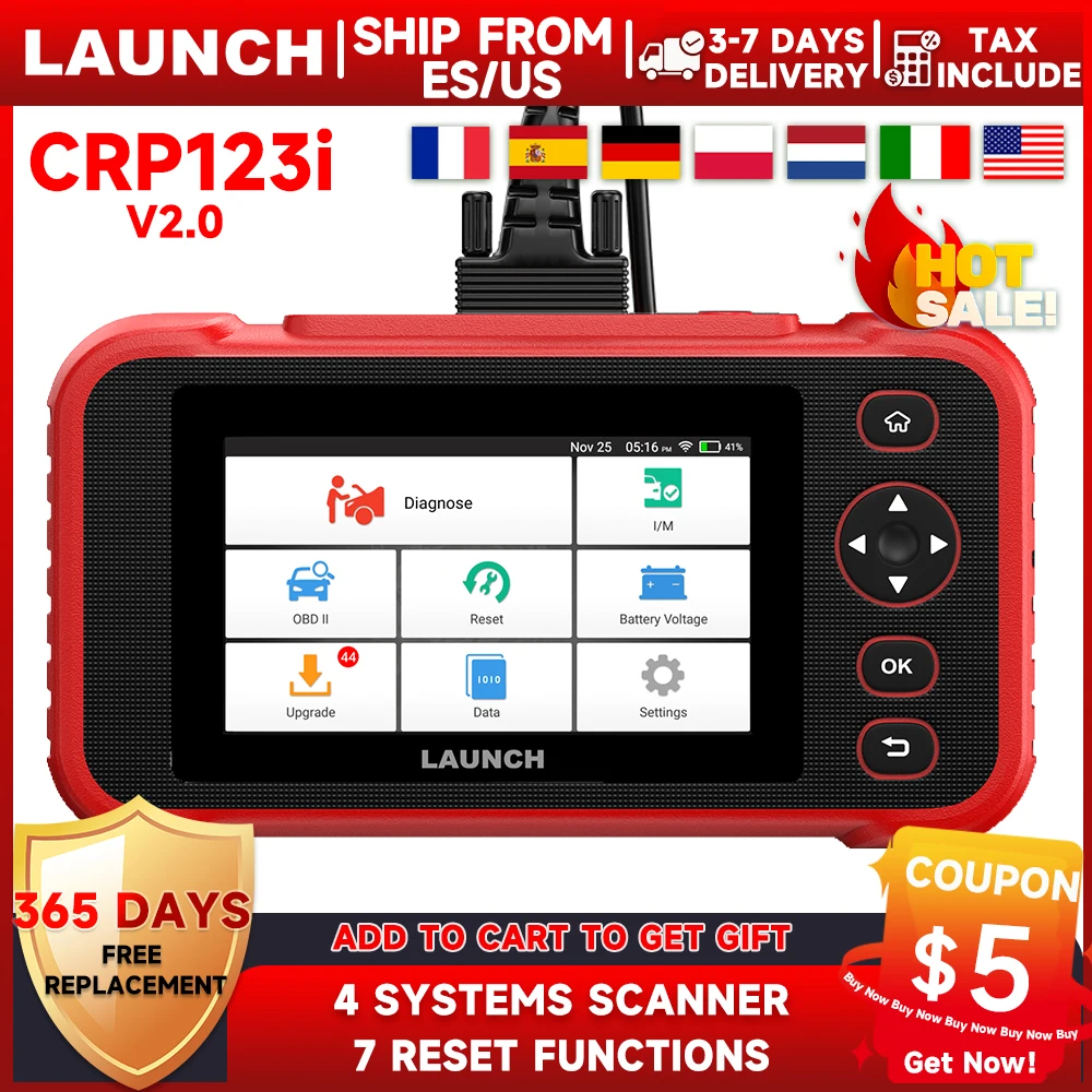 

LAUNCH CRP123i v2.0 OBD2 Scanner 4 Systems Diagnostic Scanner with 7 Resets ABS Bleeding SAS Throttle Oil DPF EPB Reset BAT Mat