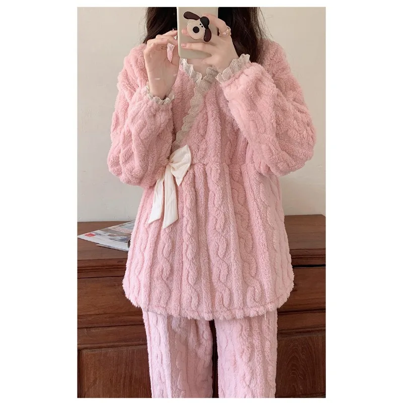 2023 New Autumn Winter Warm Lace Pajamas Ladies Coral Velvet Loungewear Sweet Bow Flannel Sleepwear V-neck Small Homewear Suit