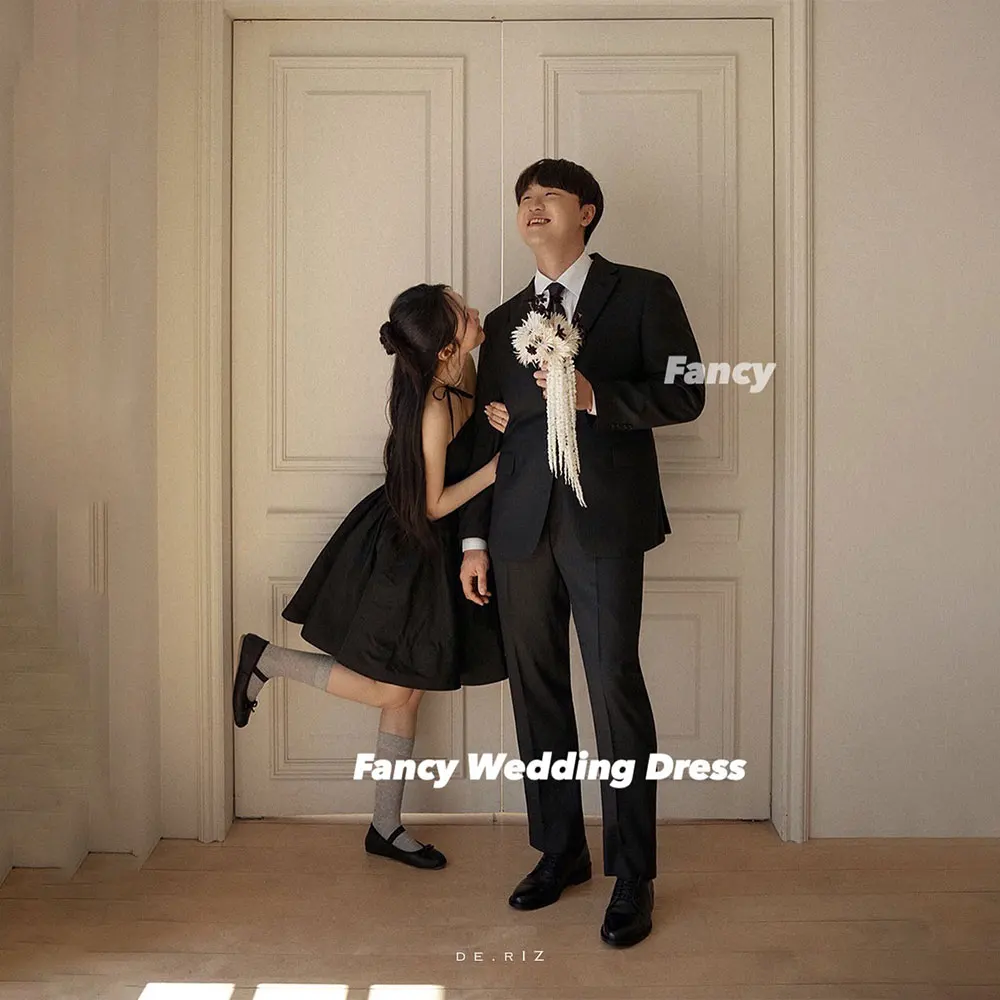 

Fancy Princess Simple Black Korea Wedding Dress Photo Shoot Taffeta Mini Short Evening Dresses Back Corset Customized