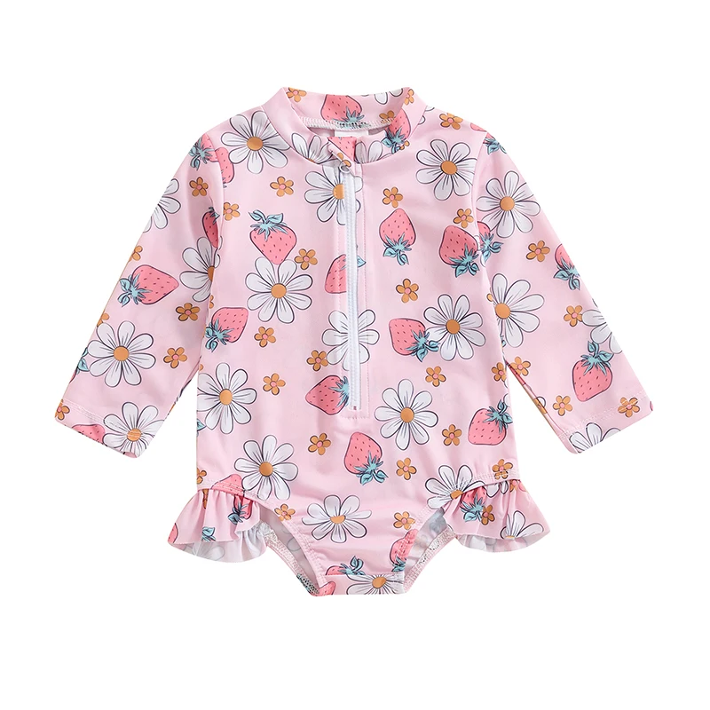 

Toddler Girls Beach Swimwear Long Sleeve O Neck Ruffle Floral Romper Rash Guard Bathing Suit