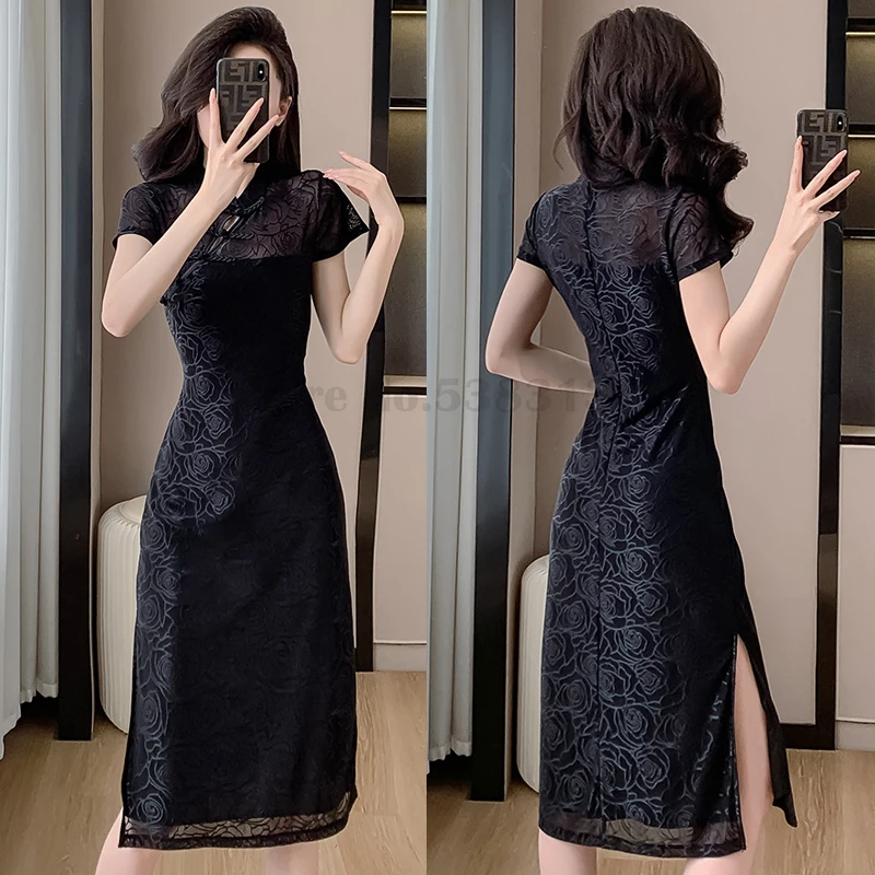 

Black Retro Qipao Sexy Slit Lace Vestidos Medium Length Traditional Chinese Style Dress Vintage Button Mandarin Collar Cheongsam