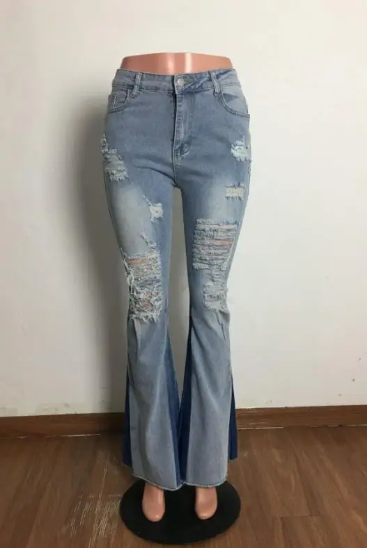 Jeans évasés pour femmes, vente directe du fabricant, à la mode, décontractés, déchirés, délavés avec trous