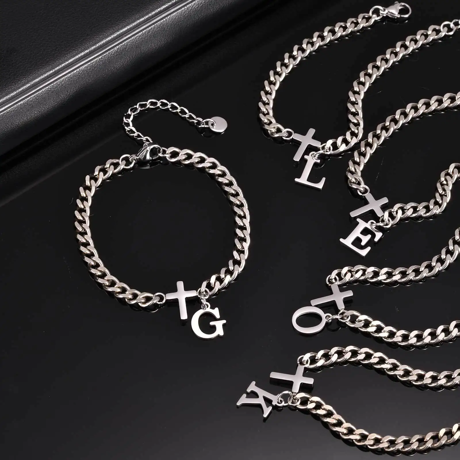 

Men's Initials Cross Bracelets,Never Fade A-Z 26 Letters Stainless Steel Chain Links Cross Wristband,Stylish Simple Jewelry Gift