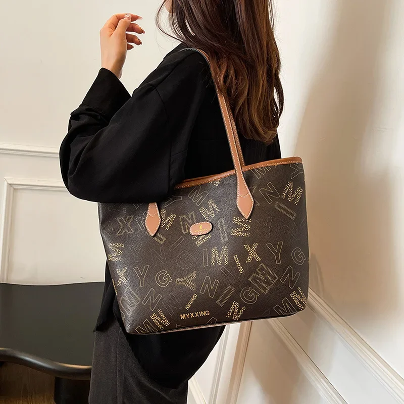 Borsa tote da donna in pelle vegana monogramma 2025, tracolla/borsa convertibile a 2 vie con hardware dorato, borsa di grande capacità