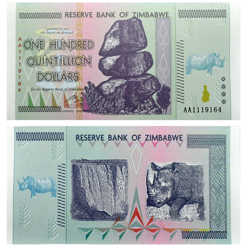 Zimbabwe Banknotes One Hundred Quintillion Dollars Paper Money Green Style Serial Number Non-currency Collection