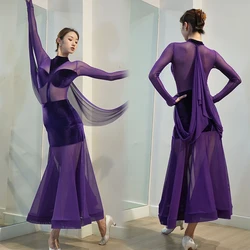 Ballroom Dance Clothes Women Velvet Purple Dress Practice Clothing Adult Waltz Dance Performance Wear Competition Dress BL13303