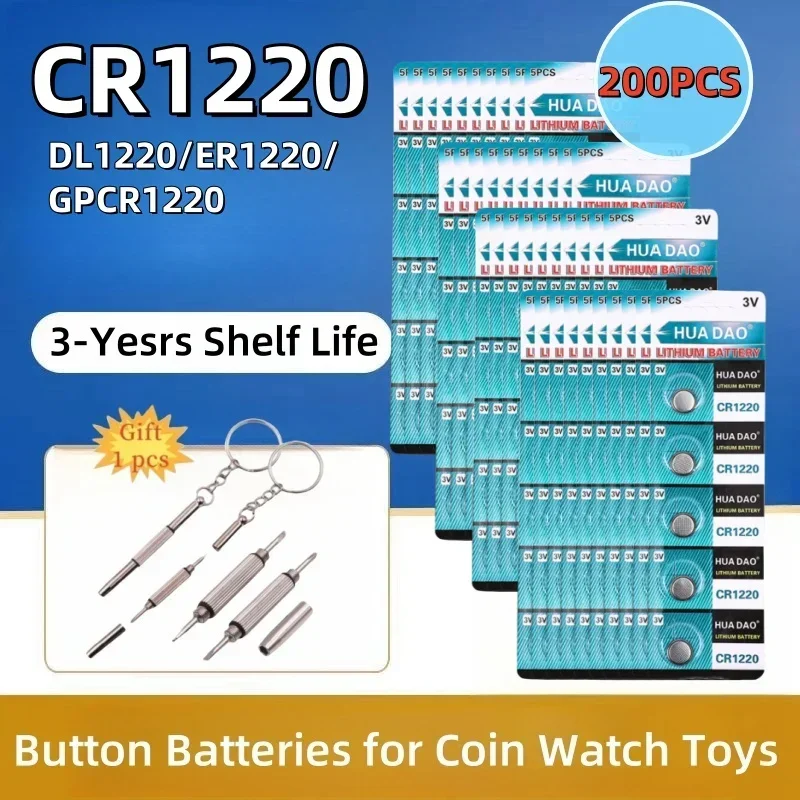 

200Pcs High Capacity CR1220 Batteries 3V Lithium Coin Cell Fit for Watches healthcare Devices Calculator