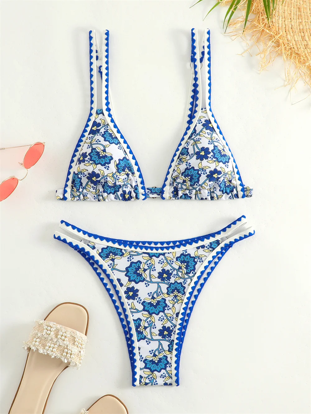 Trend Print Bikini Bordered Straps Swimsuit Thong Push Up Y2K Boho Swimwear Kawaii Women Two Piece Brazil BeachWear Bathing Suit