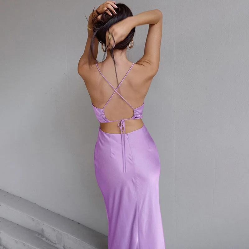 Jocoo Jolee Summer Elegant Backless Purple Satin Dress Straps Silk Sexy Bodycon Lace Up Female Dresses Chic Party Designer 2022