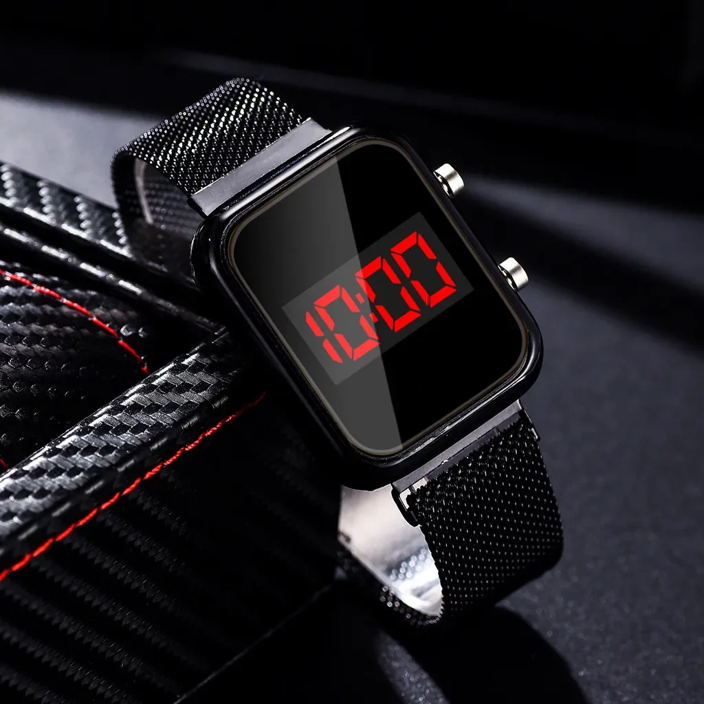 Fashion Magnetic Buckle Rectangle LED Digital Watches Men Women Luxury Metal Mesh Band Ladies Electronic Wristwatches Clock Gift