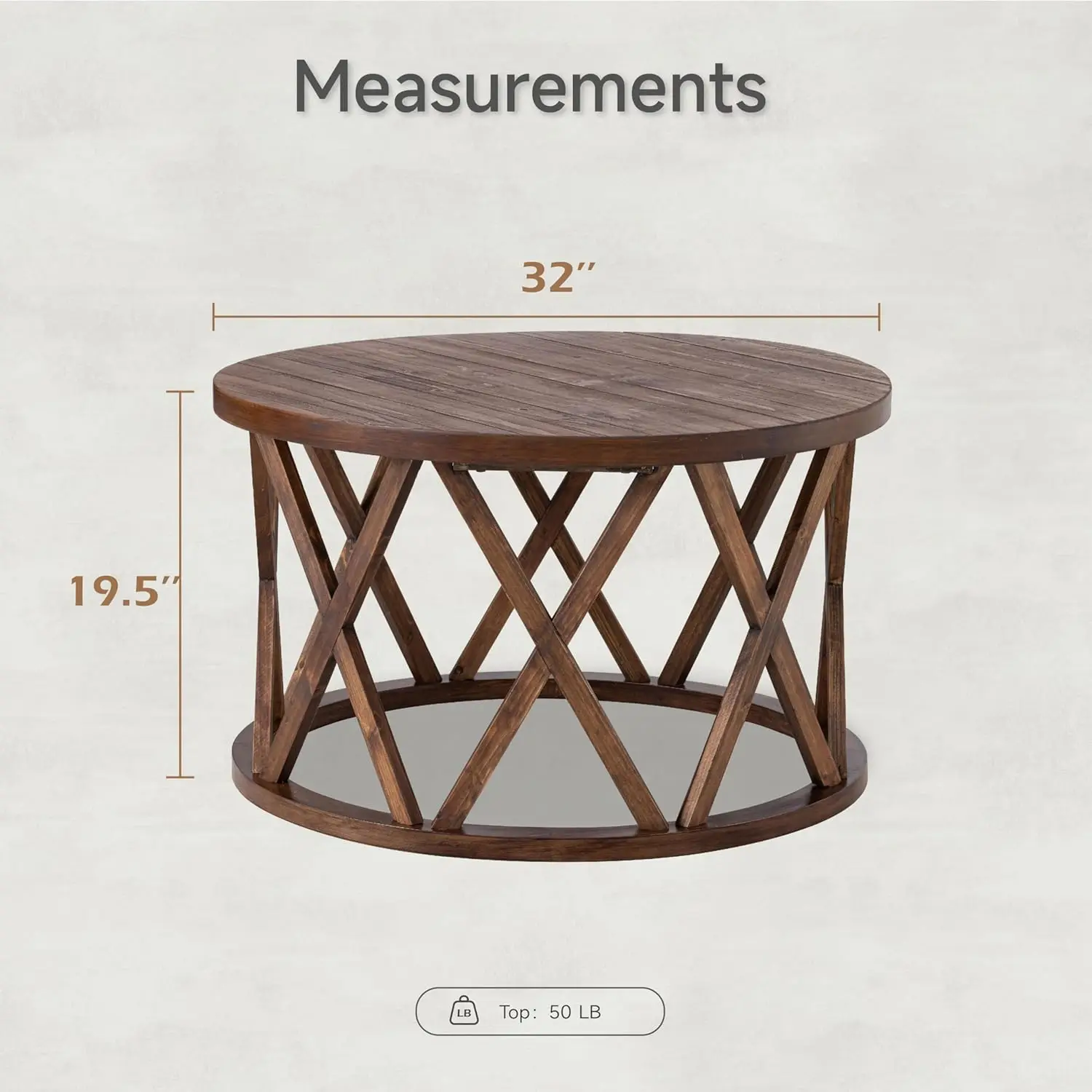 Wood Textured Top, for Boho, French Country Decor, Brown Rustic Farmhouse Coffee Table, Round Coffee Table with X-Motifs Legs