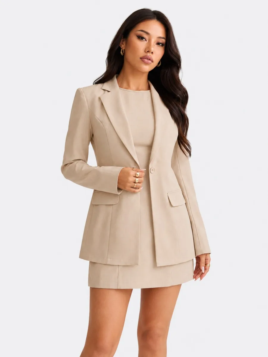 Women's Light Beige Blazer & Mini Dress 2 Piece Set Bodycon Suit Co-ord Outfit