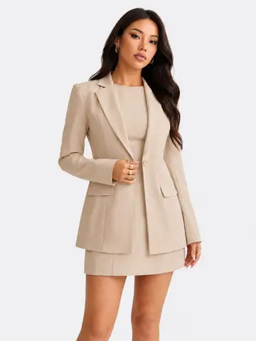 Women's Light Beige Blazer & Mini Dress 2 Piece Set Bodycon Suit Co-ord Outfit