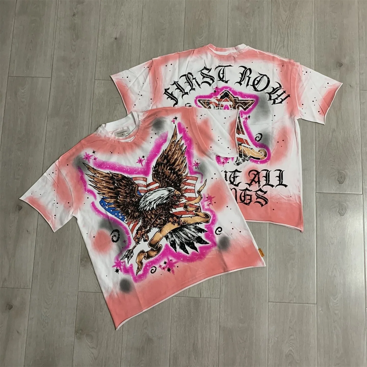 First Row Retro Vintage Eagle Beaded Print Short-Sleeved T-Shirt - Loose Fit, Weathered Edged, Casual Shirt for Men and Women