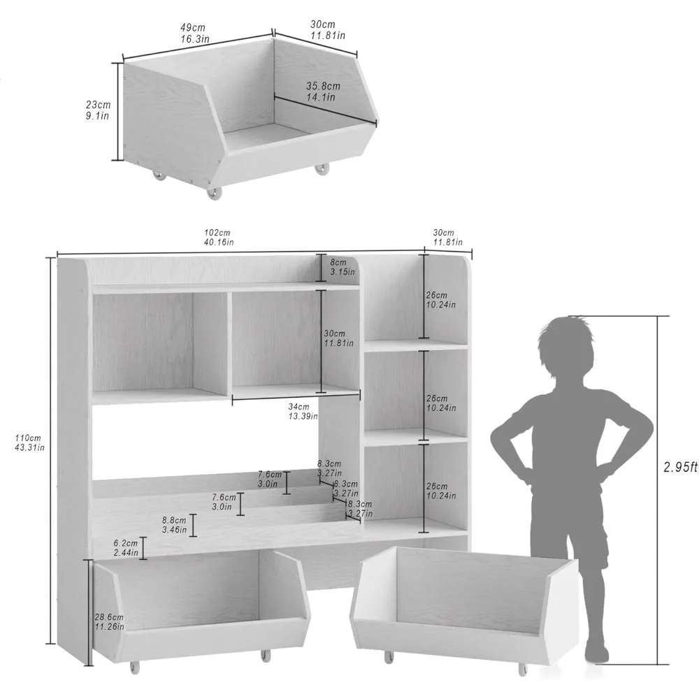 Toy Storage and Organizer, Boys and Girls Bookshelf Muti-Functional Kids Bookcase and Storage Bin with Moveable Drawers