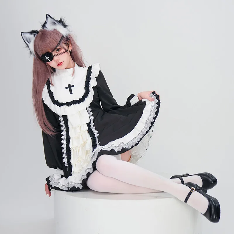 ชุดเดรสฮาโลวีนสไตล์โกธิค แต่งตัวเป็นผู้ชาย ชุดสีดำขาว กระโปรงสั้นสไตล์โลลิต้า เจ้าหญิง สำหรับงานปาร์ตี้  กระโปรงฟูฟ่องหวานสดใส