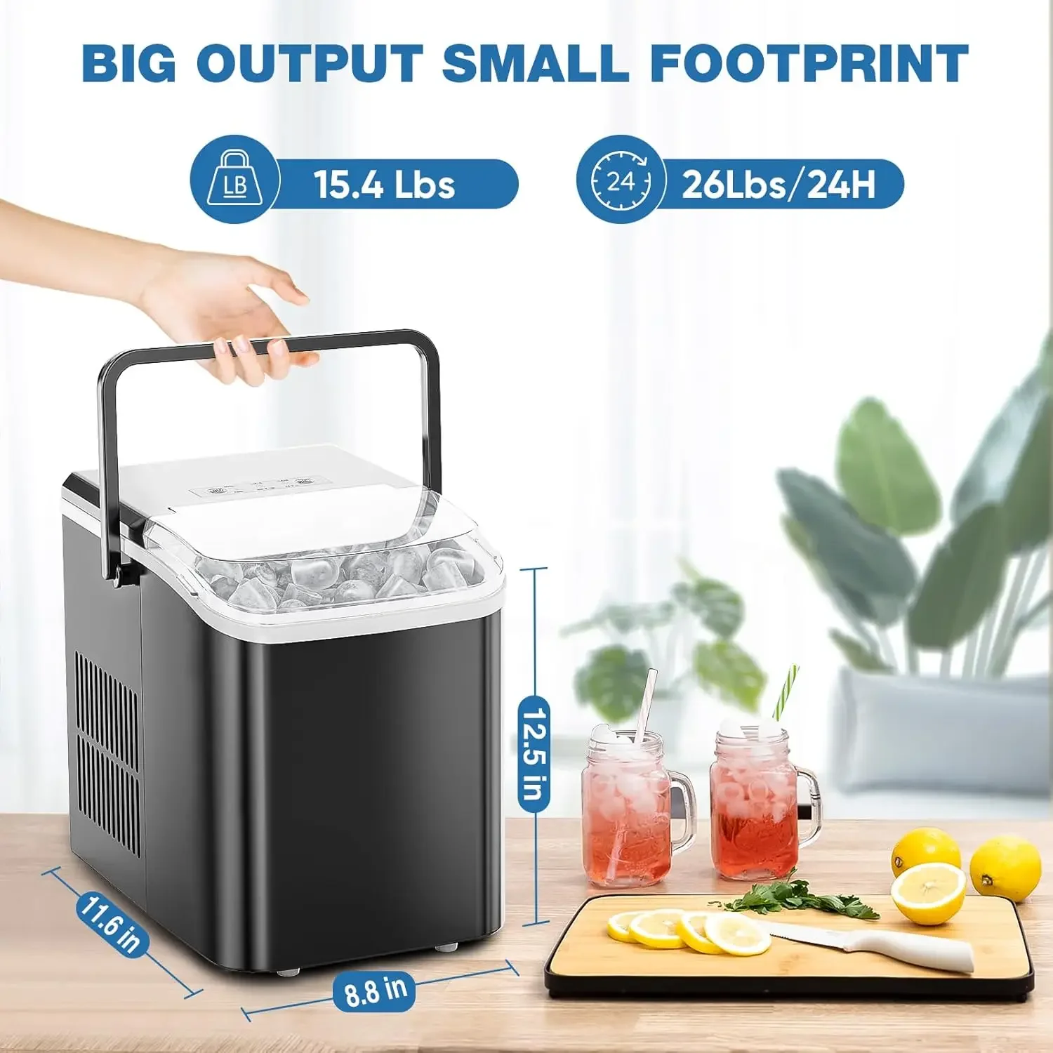 Self-Cleaning Countertop Ice Maker com colher de gelo conveniente, cesta removível e alça resistente, faz 9 cubos de gelo em apenas 6 m