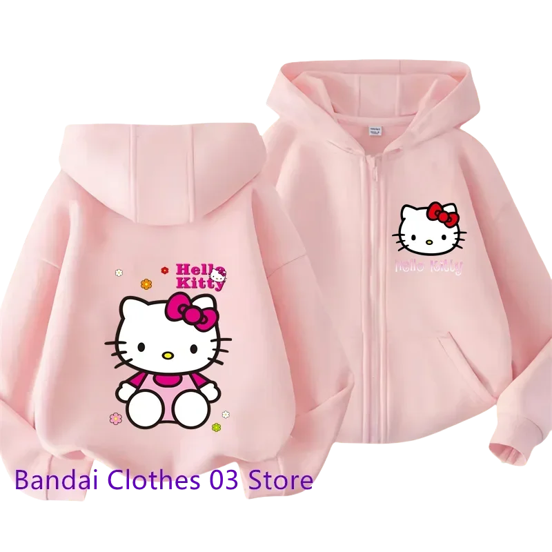 Hello Kitty New Pin Zipper Hoodie Girls Sweatshirt Autumn/Winter Long Sleeve Jacket Harajuku Jumper Pin Casual Hoodie Top