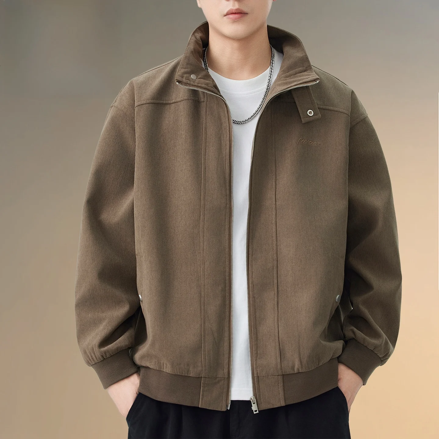 

Pierre Cardin Pure Color Casual Stand Collar Jaet Men's Faion Spring Autumn Workwear Top Trendy Polyester Long Sve Zipper