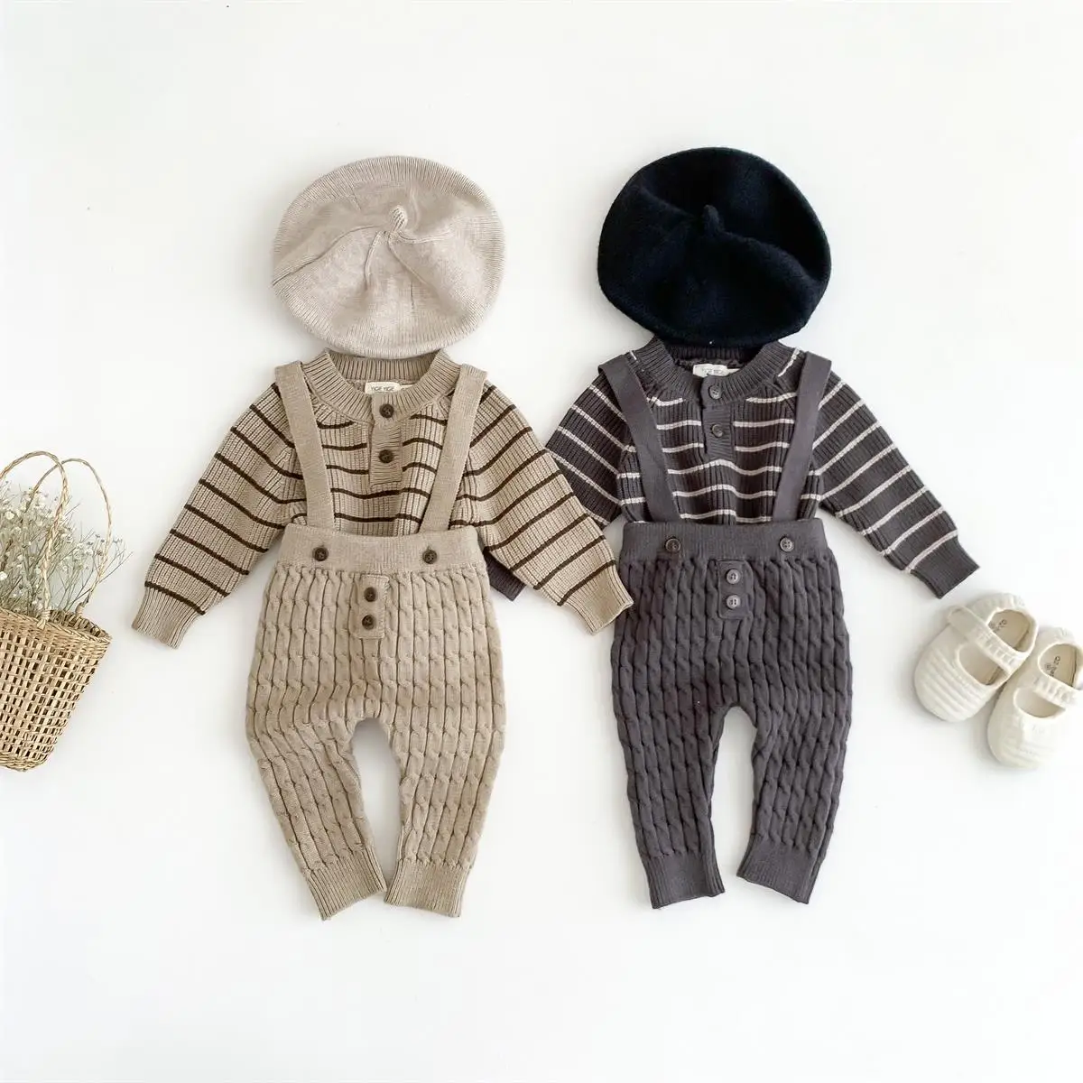 Autumn Knitted Baby\'s Sets 2023 Korea Striped Toddler Long Sleeved Sweater Knitted Top Pant Newborn Shoulder Strap Pants