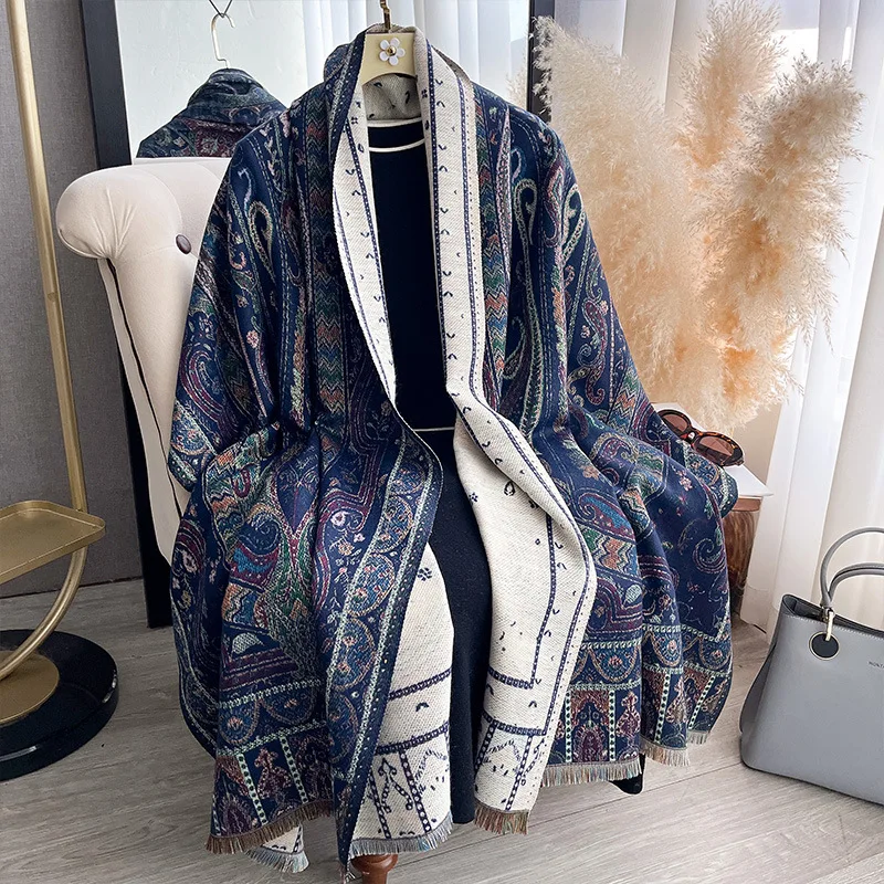 Scarf Women Pashmina Shawl Wrap Paisley Cashew Pattern Boho Ethnic Jacquard Double Sided Winter Autumn Large Blanket Scarf