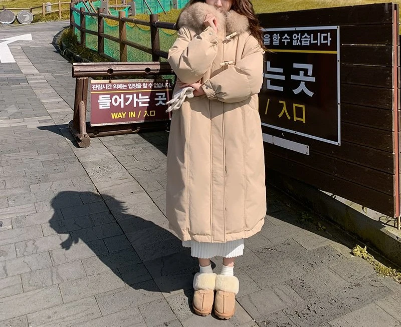 2025 Winter nieuwe verdikte jas lange knie over katoenen jas voor dames niche grote haarkraag