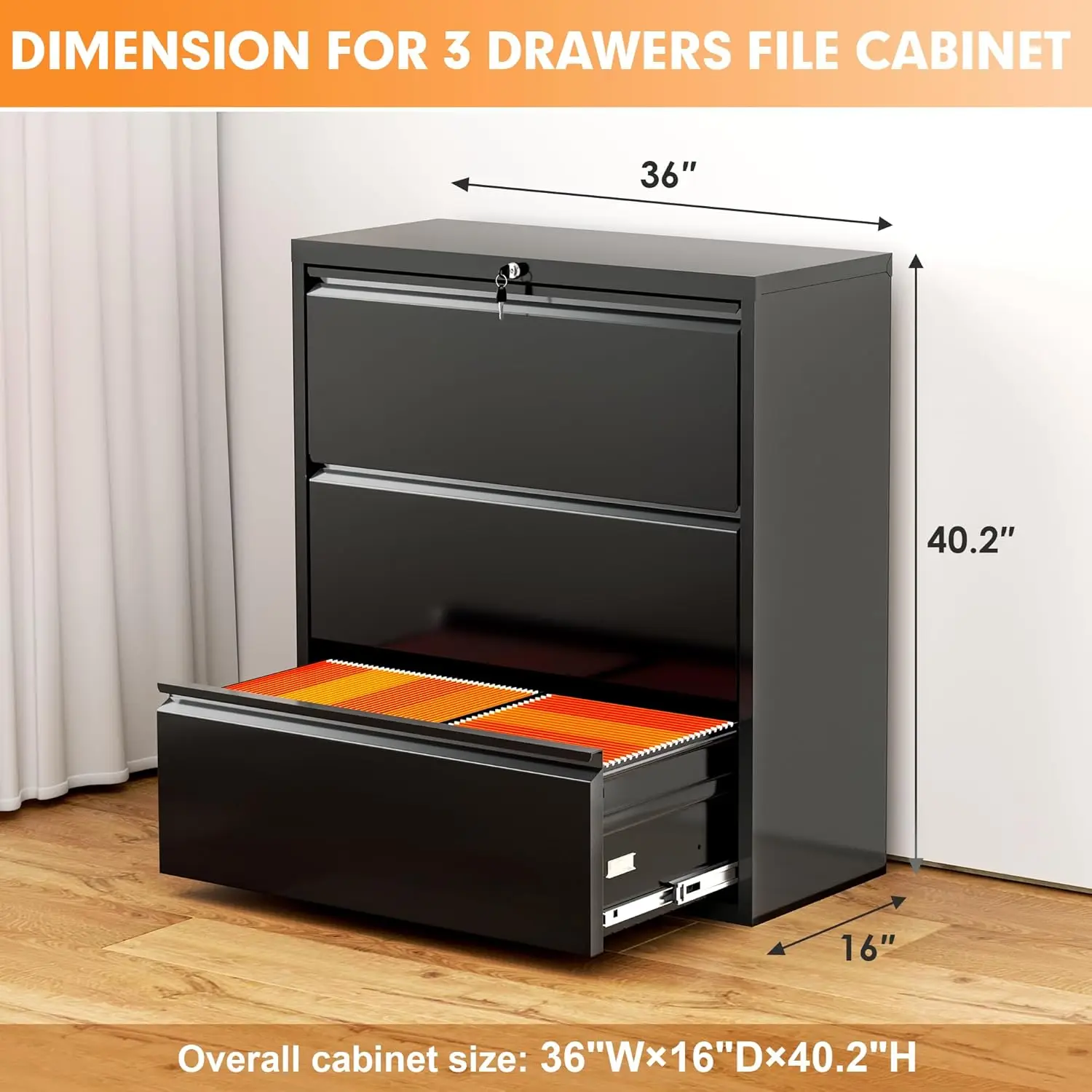 Black Lateral File Cabinet with Lock, 3 Drawer Lateral Filing Cabinet for Legal/Letter A4 Size, Metal Steel Locking Wide File