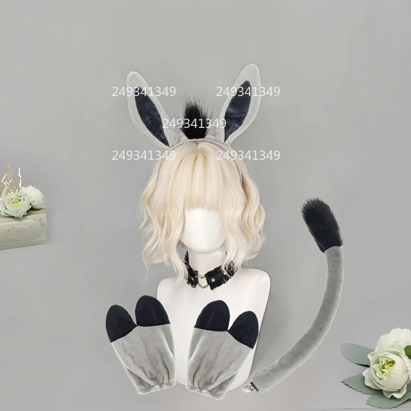 

Grey Donkey Ear Cosplay Headwear Adjustable Animal Tail Comic-con Performance Costume Accessories Woman Party Donkey Hoof Gloves
