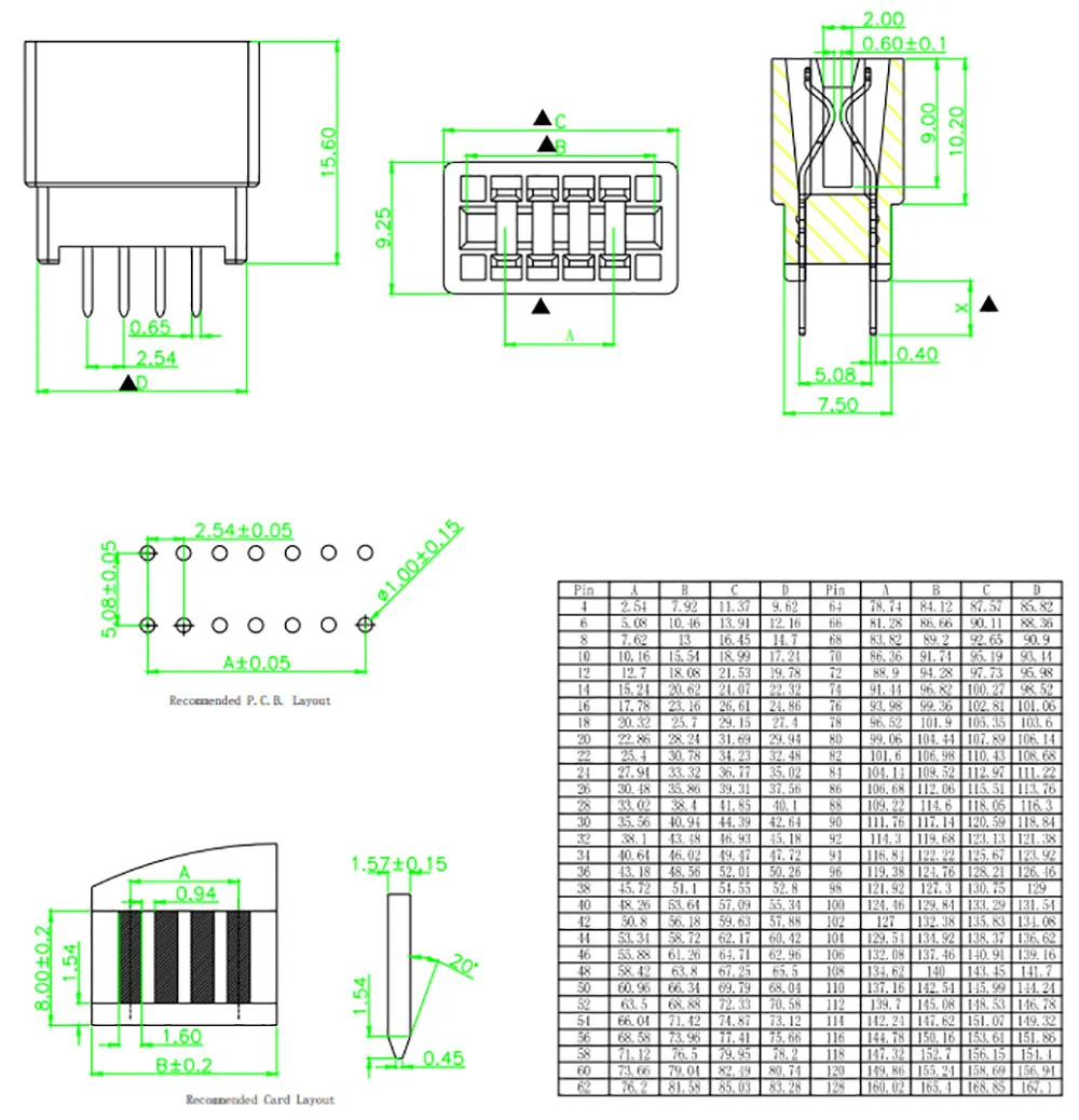 10/5 Stück Kantenkartenverbinder 2,54mm Rastermaß 4/6/8/10/12/18/24/28/36/40/44/50/60/72/86 Pin PCB Goldfinger-Buchse Durchgangslöcher – Detail 7