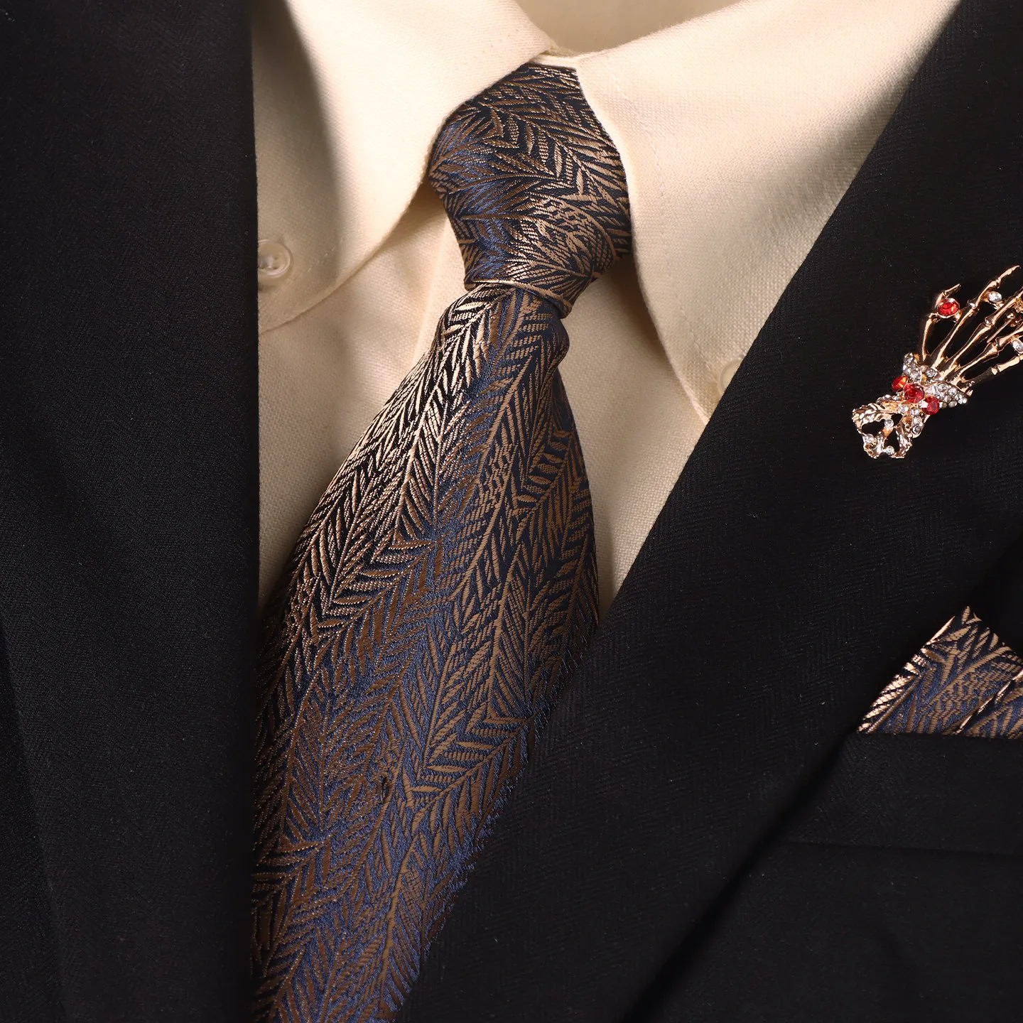 handcrafted-luxury-men's-tie-business-suit-wedding-groomsmen-ties-dark-gold-leaf-design-premium-quality-wedding-tie