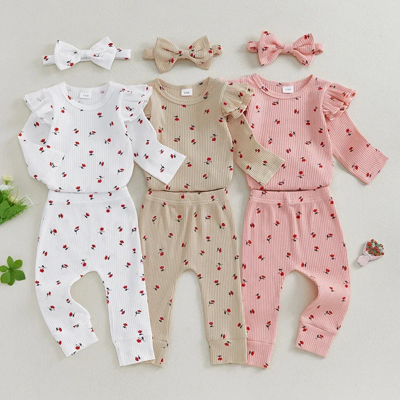 

SUNSIOM 0-18 Months Baby Girl Fall Outfit Rose Print Long Sleeve Crew Neck Romper with Long Pants and Bow Headband 3 Pcs Set