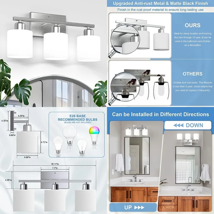 Bathroom Light Fixtures Over Mirror Brushed Nickel, Rustproof 3-Light Bathroom Vanity Lights, 18 Inch Modern Wall Sconces E26 B