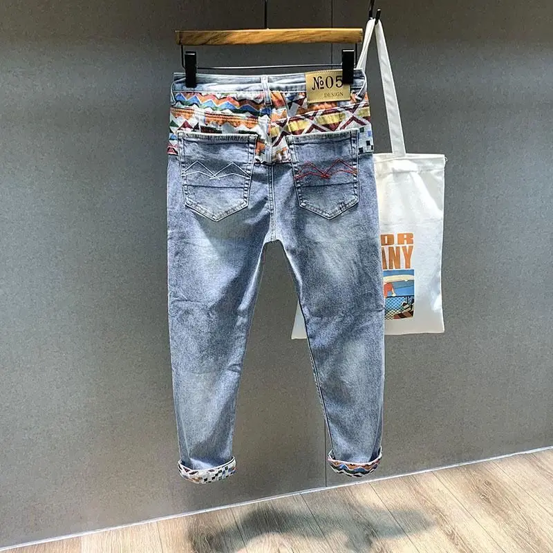 

Luxury Fashion Autumn Camouflage Splicing Ripped Jeans Men's 2025 New Brand Embroidery Slim-fitting Small Feet Radish Pants Men