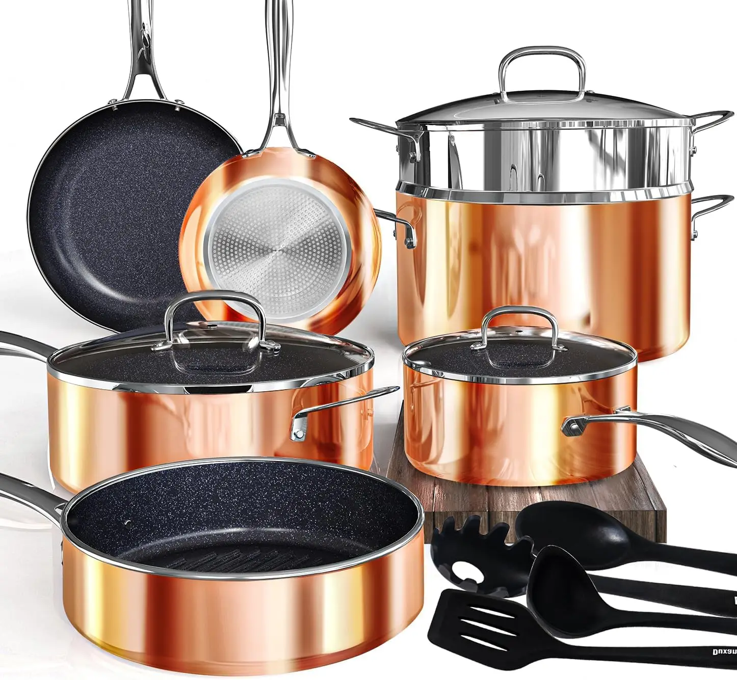 Deluxe 14PC Nonstick Cookware Sets Freshness Maintained Pots and Pans with 9H Hardness 2 Layer Ceramic Coating True Cool